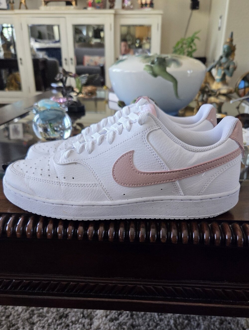 Nike Women's Court Vistion Low White Sneakers with Pink Swoosh